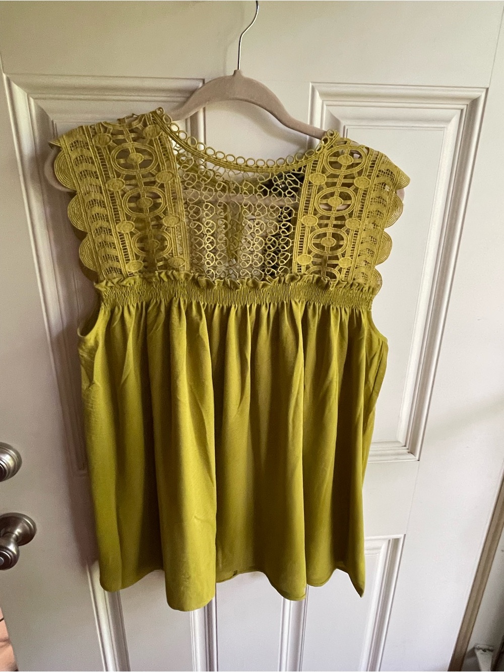 Sleeveless Lace-Yoke Blouse in Olive